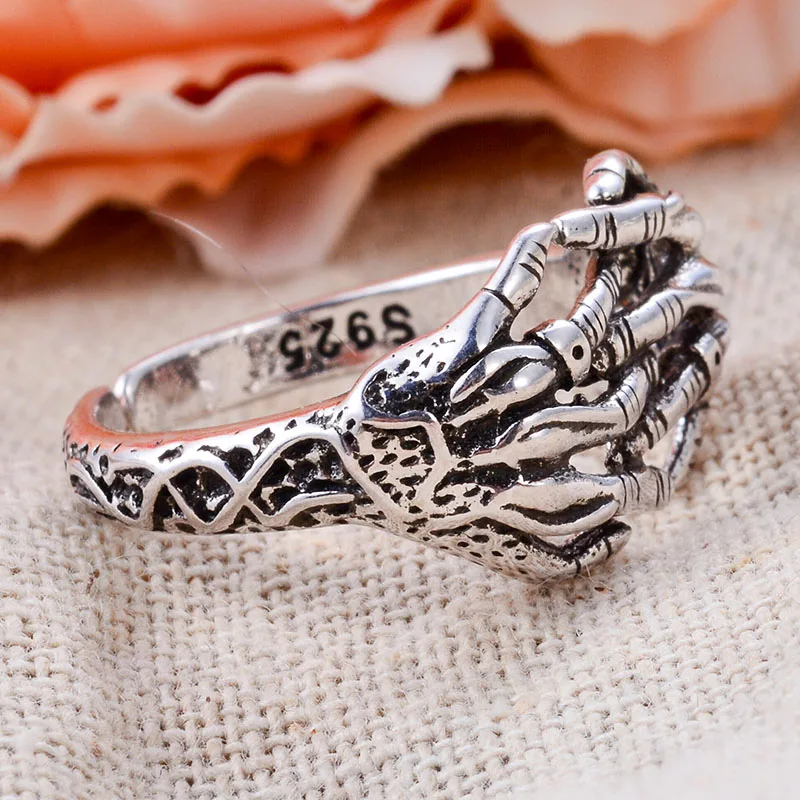 New Arrival Personality Skeleton Hand Retro Thai Silver Female Rock Hip Hop Rings For Women Party Gifts No Fade view 3