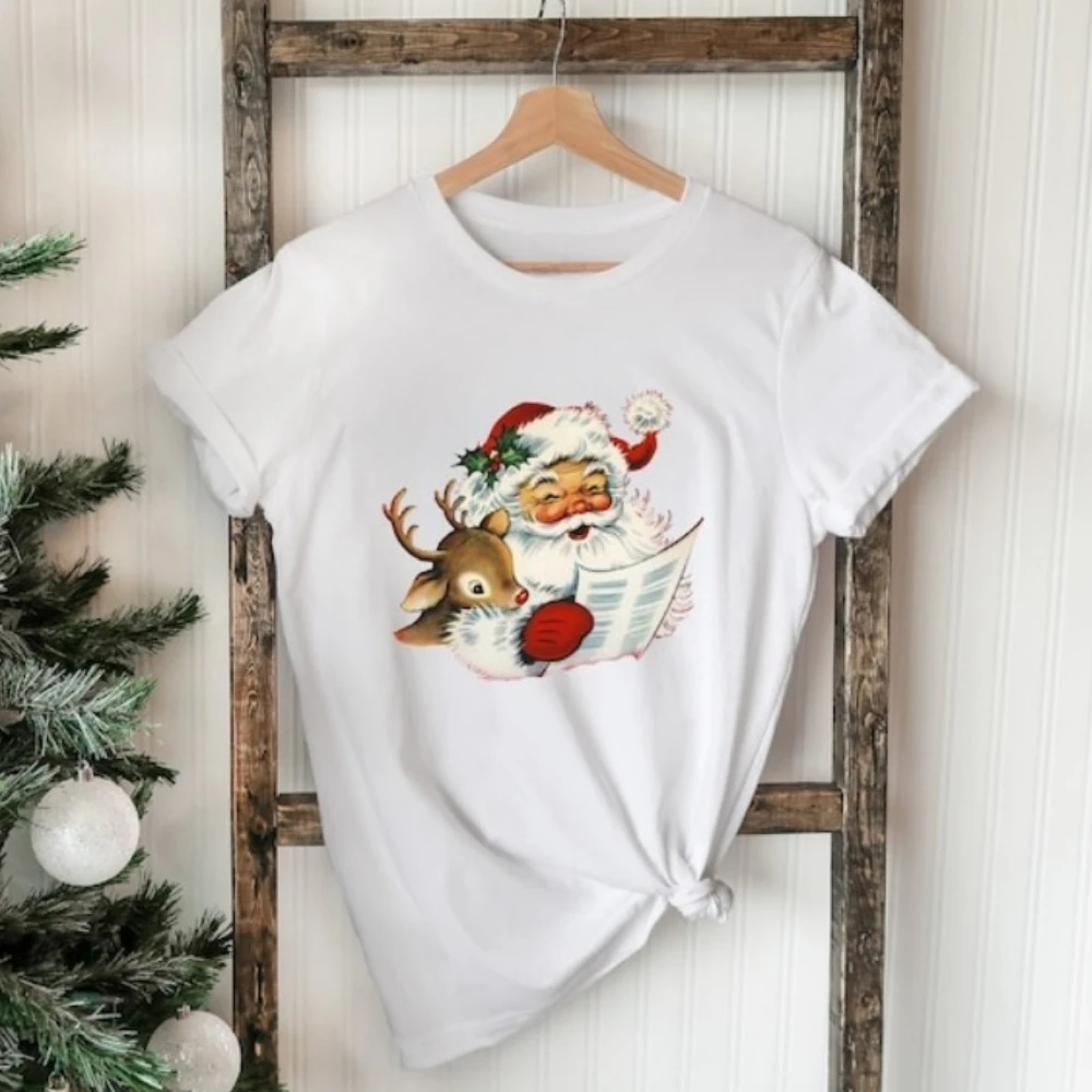 عيد الميلاد سانتا قميص ريترو سانتا قميص هدية الكريسماس أزياء الشارع الشهير س الرقبة قصيرة الأكمام القطن للجنسين قمم