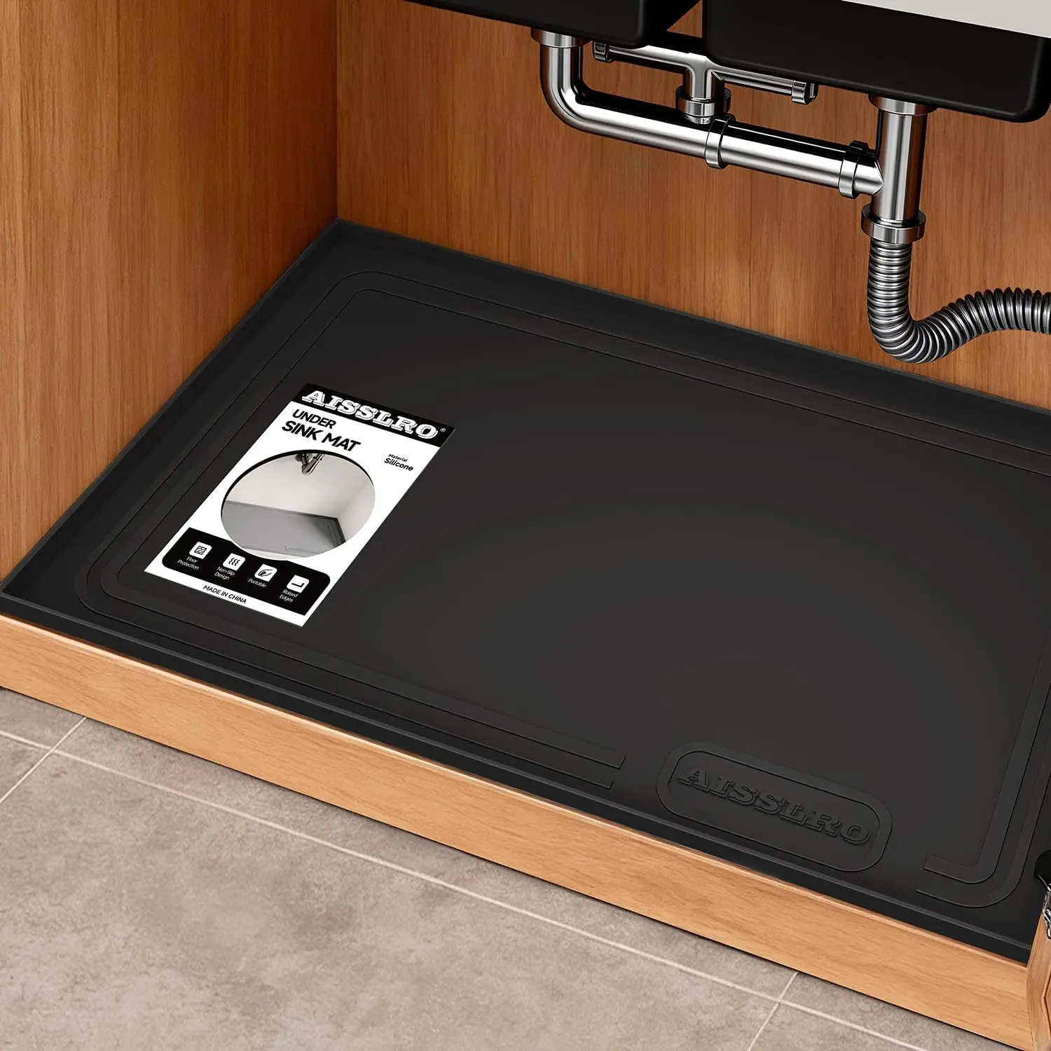 

22x19 Under Sink Mat, Waterproof Silicone Cabinet Organizer with Raised Edge, Leak Tray & Pet Feeding Mat, Black