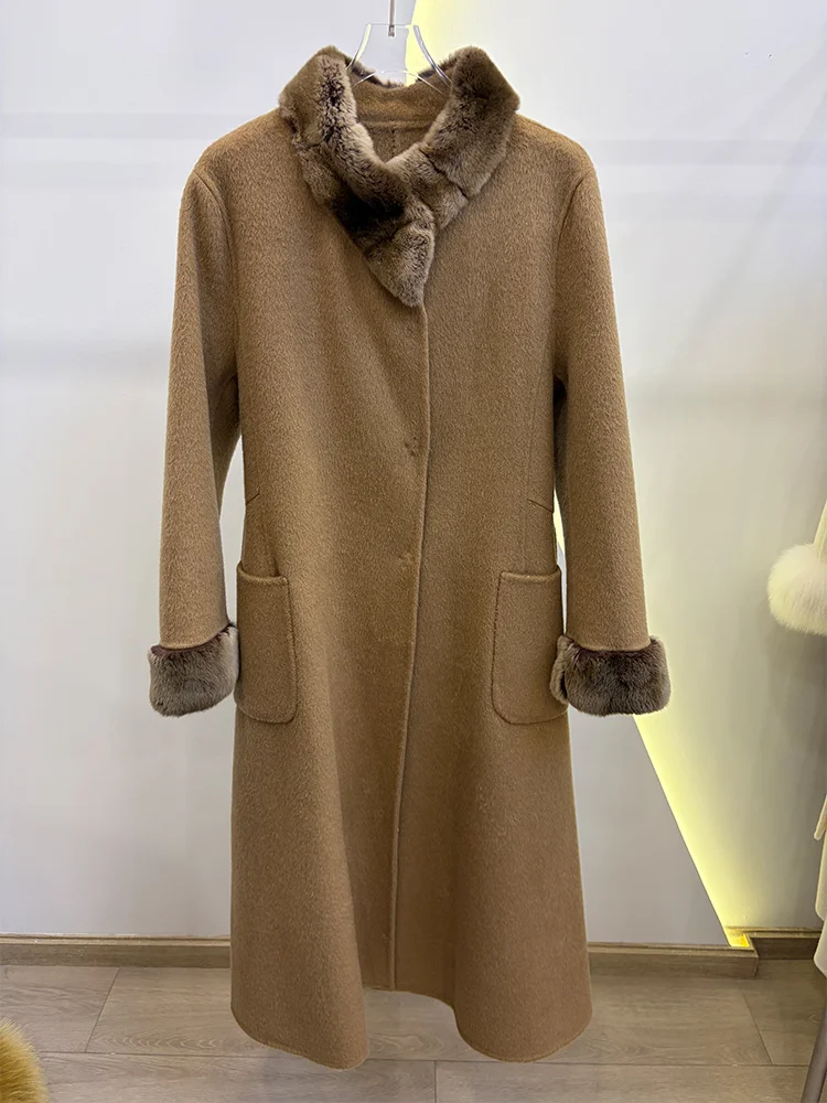 2026 New Women Autumn Winter Coats Cashmere Wool Blends Real Natural Rex Rabbit Fur Collar Cuff Belt Slim Style Female Outerwear