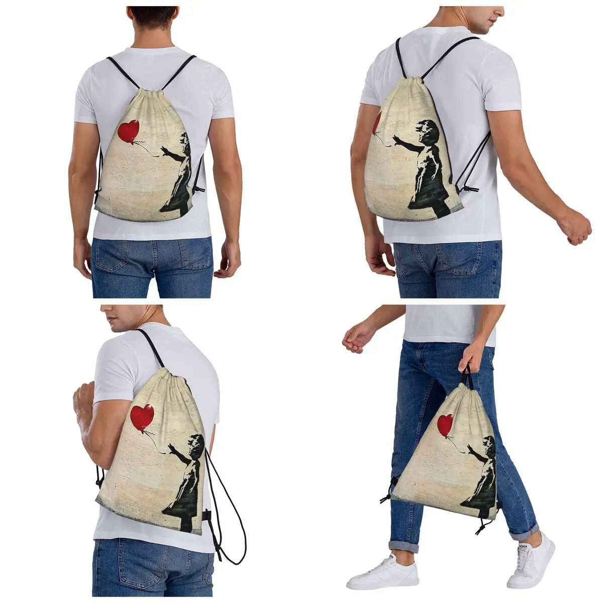 Banksy's Girl With A Red Balloon Backpacks Fashion Drawstring Bundle Pocket Sports Bag Book Bags for Man Woman Students