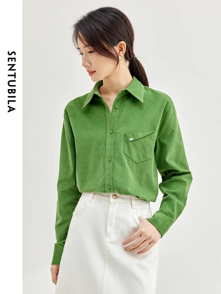 SENTUBILA Women\'s Cotton Corduroy Shirt Lapel Single Breasted Spring Green Loose Blouse Women 2024 Long Sleeve Top 133C51681