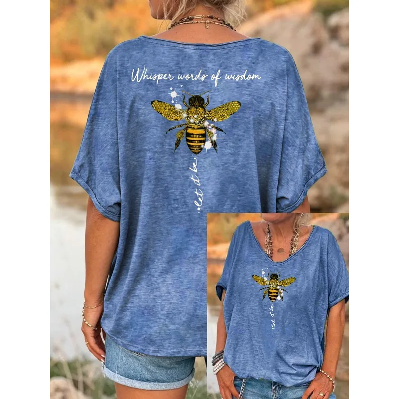 ilstile Women's Hippie Let It Bee Print T-Shirts Summer Short Sleeve T Shirt Casual Loose V Neck Tops Tees NEW