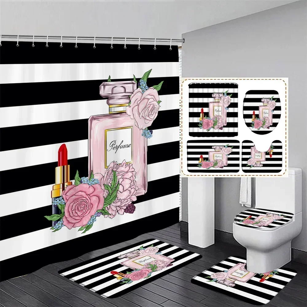 Fashion Perfume Shower Curtain Set Pink Rose Flower Modern Woman Girl Home Bathroom Decor Non Slip Rug Bath Mat Toilet Lid Cover