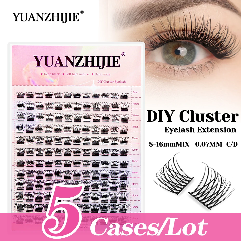 5 Fälle/Los YUANZHIJIE 0,07 mm Dicke Big Box Synthetischer Nerz DIY segmentierte Hybridwimpern Mattschwarze Cluster-Wimpern Einfach zu verpflanzen