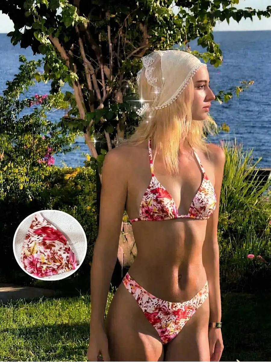 

Womens Floral Print Spaghetti Strap Halter Bikini Two Piece High Cut Swimwear