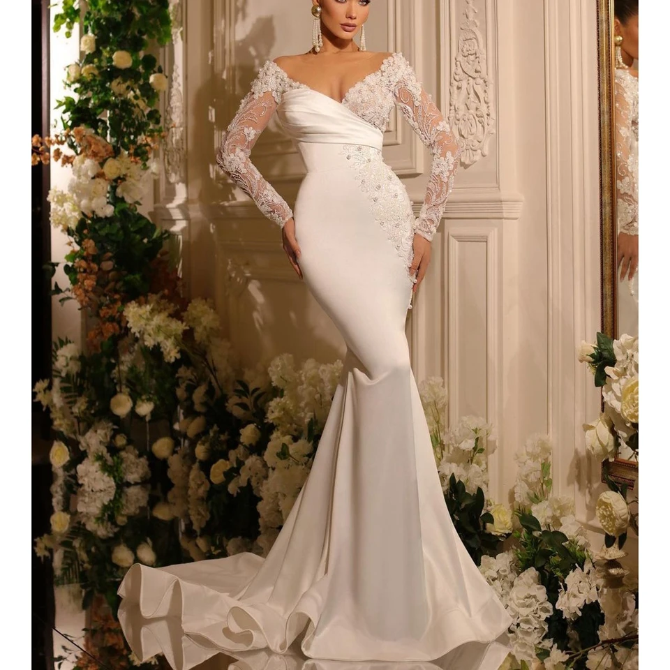 Customized Elegant White O-Neck Long Sleeves Pearls Wedding Dresses 2025  Mermaid Floor Length Sweep Train Appliques Satin Brida