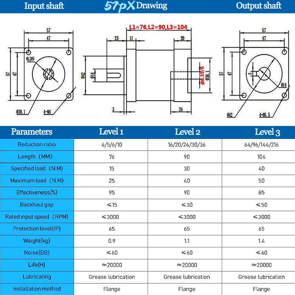 Nema23 relação de engrenagem da caixa de engrenagens planetária 3:1 4 5 ~ 60:1 px57 redutor planetário para motor de passo nema 23 4a 1.8 graus 1.2nm ferramentas cnc