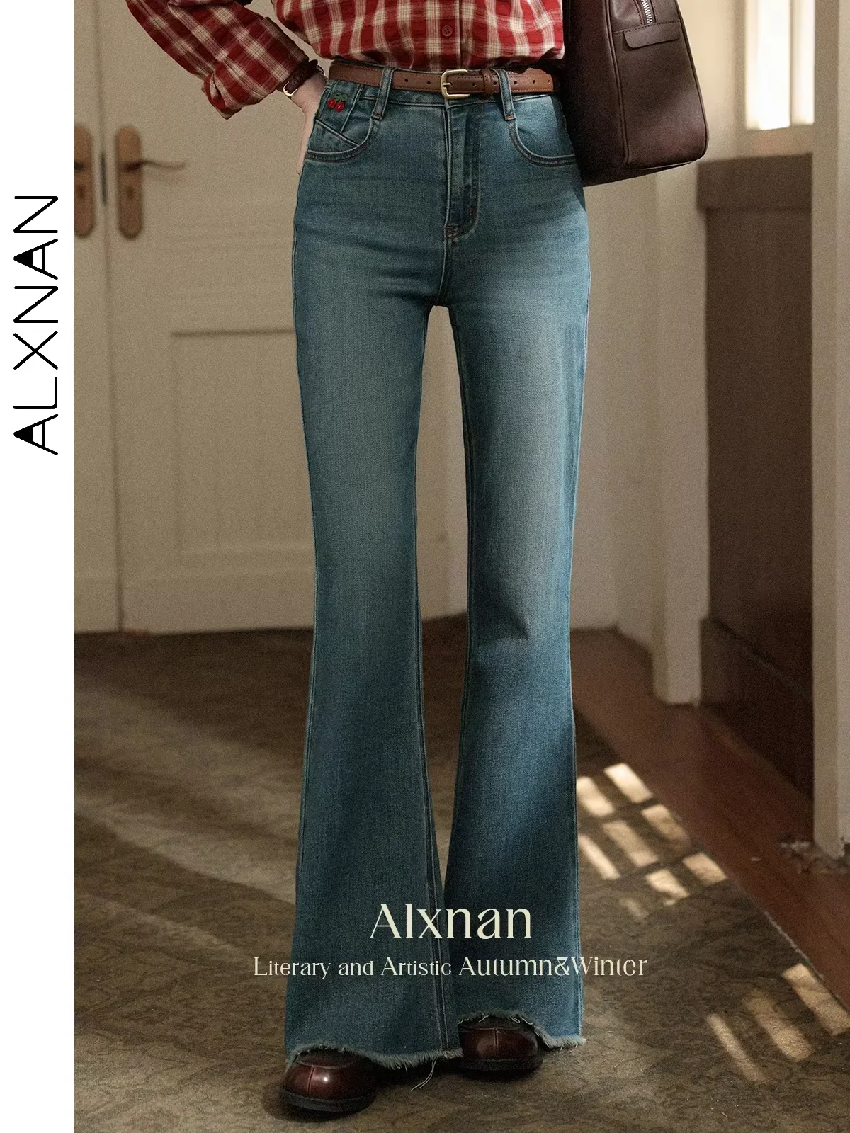 

ALXNAN Blue Vintage Flared Jeans Women 2025 Autumn High-waist Office Lady Cotton Jeans Casual Elegant Long Pants Female L56703