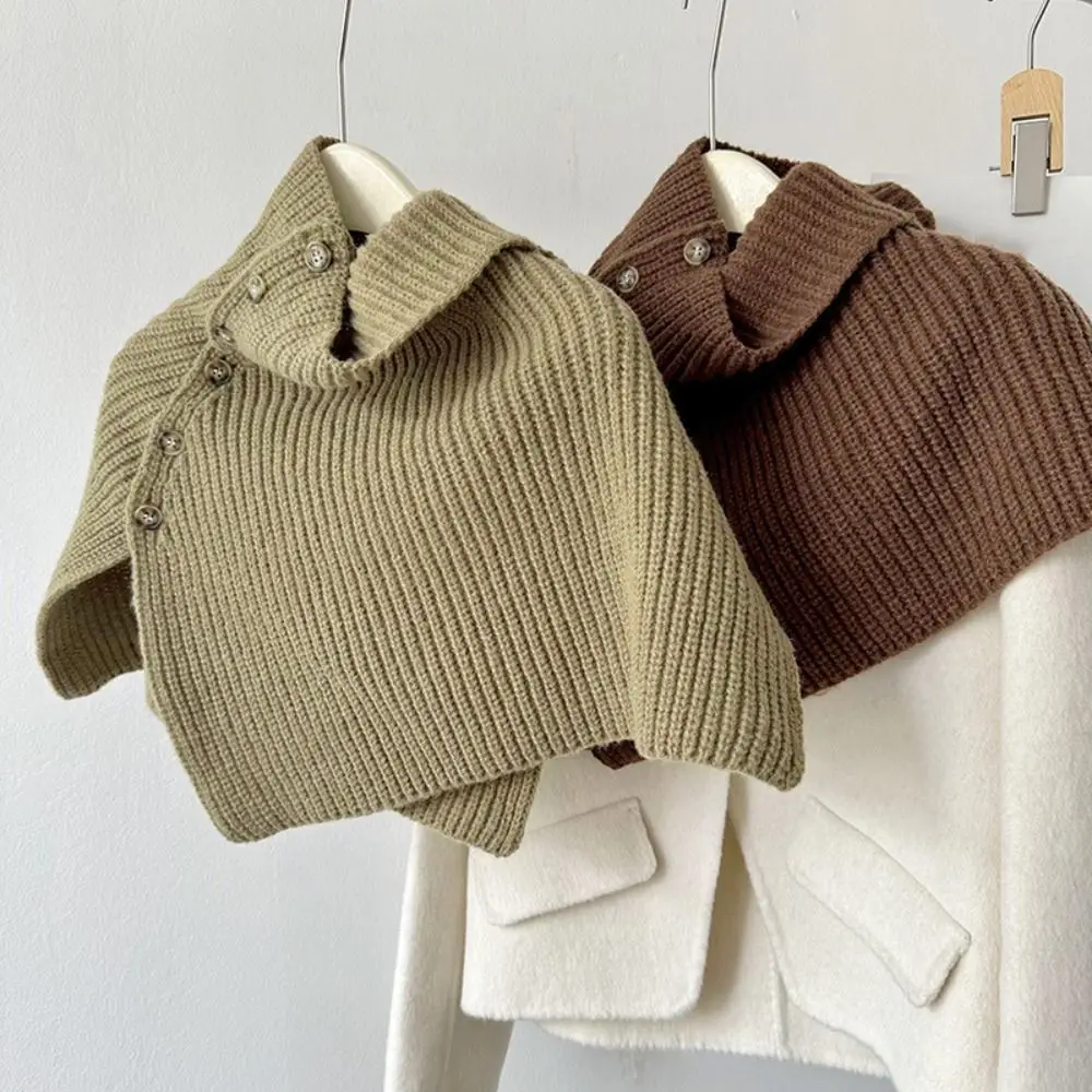 

Classic Button Knitted Shawl Thicken Warm Women Winter Shawl Cloak Irregular High Neck Scarf Student