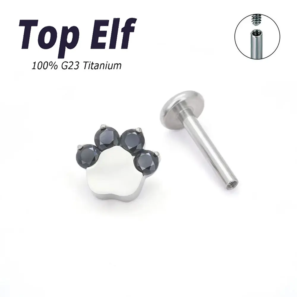 G23 Titanium Inner Threaded Cat Paw Shape Zircon Labret Stud Nose Rings Ear Cartilage Tragus Barbell Nose Piercing Jewelry