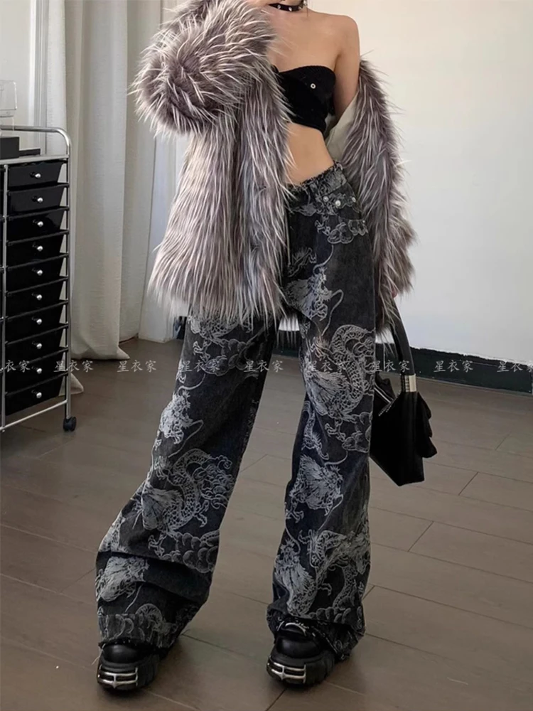 Kobiety Czarne Gothic Dragon Print Jeans Baggy Vintage Estetyczne Kowbojskie Spodnie Harajuku Denim Spodnie Y2k Trashy 2000s Odzież 2024