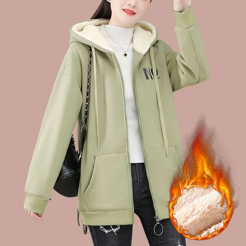 Winter Mid Length Hooded Print Warm Sweatshirt Coat Thicken Snow Wear Top Jacket Lambwool Loose Casaco Oversize 85kg Chaqueta