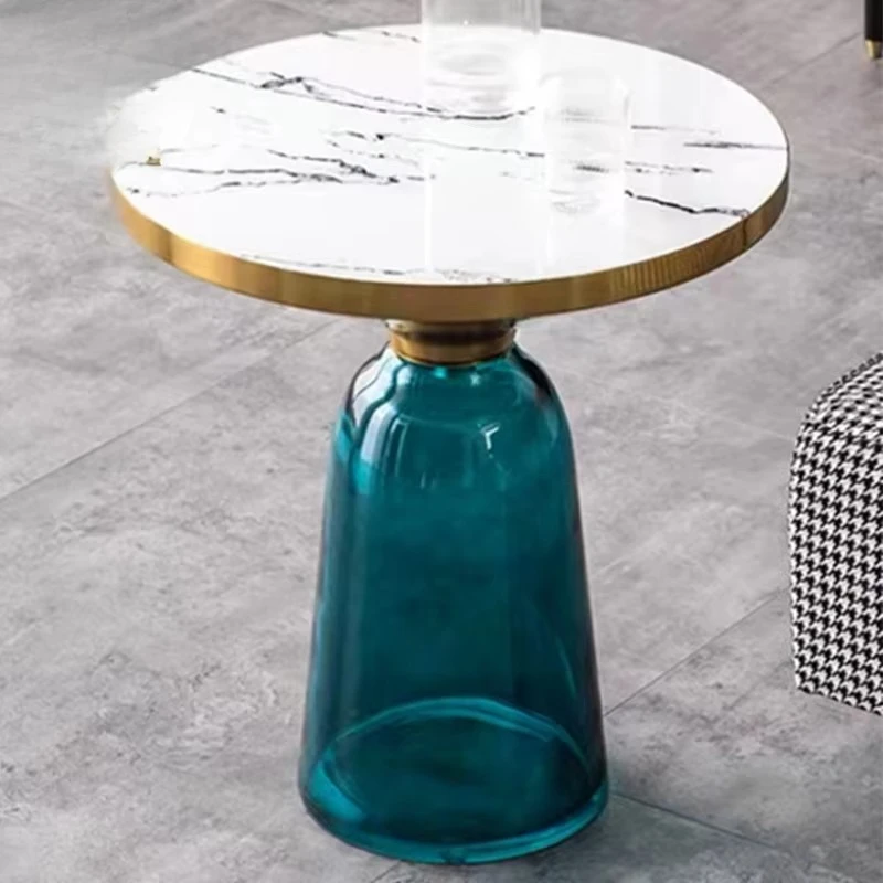 Living Room Furniture Modern Lifting Coffee Table Side Table Stone Top Round Stained Glass Center Table Set