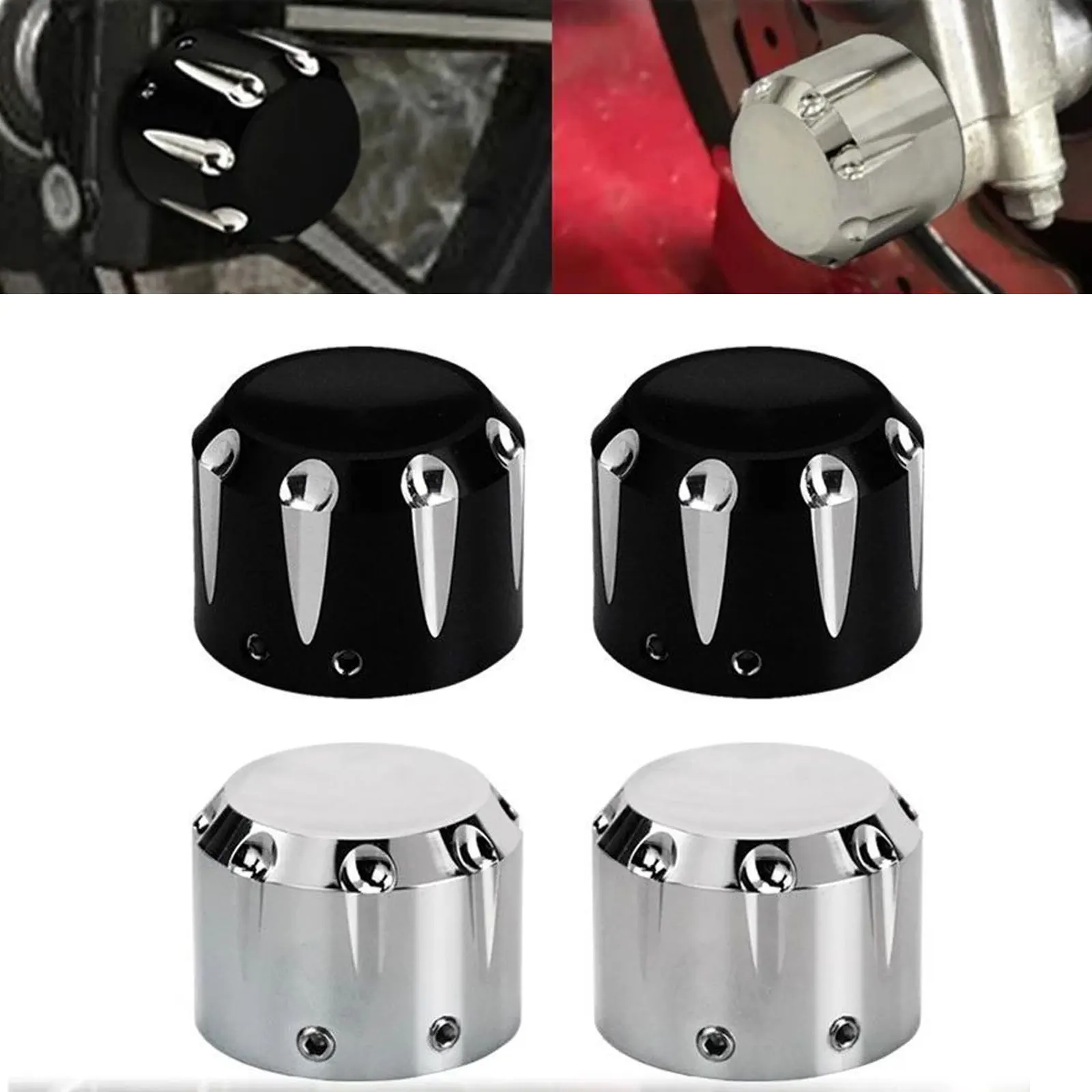 

2xMotorcycle Front Axle Nut Covers Caps Aluminum Black/Chrome For Harley Sportster Touring Softail Dyna VRSC Fat Bob Wide Glide