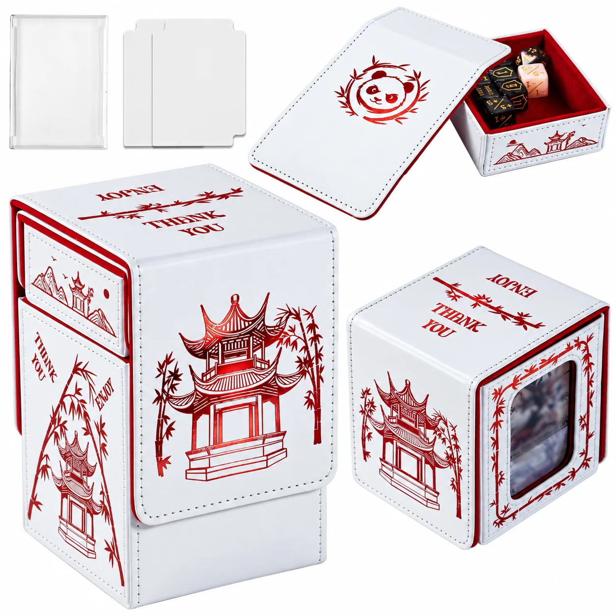 Boîte de rangement pour cartes de jeu de cartes à collectionner (TCG) de la série « Chinese Panda Laser MTG Commander », avec compartiment pour dés, 2 séparateurs, 1 couvercle, compatible avec les cartes MTG/PTCG/YGO, en cuir synthétique.