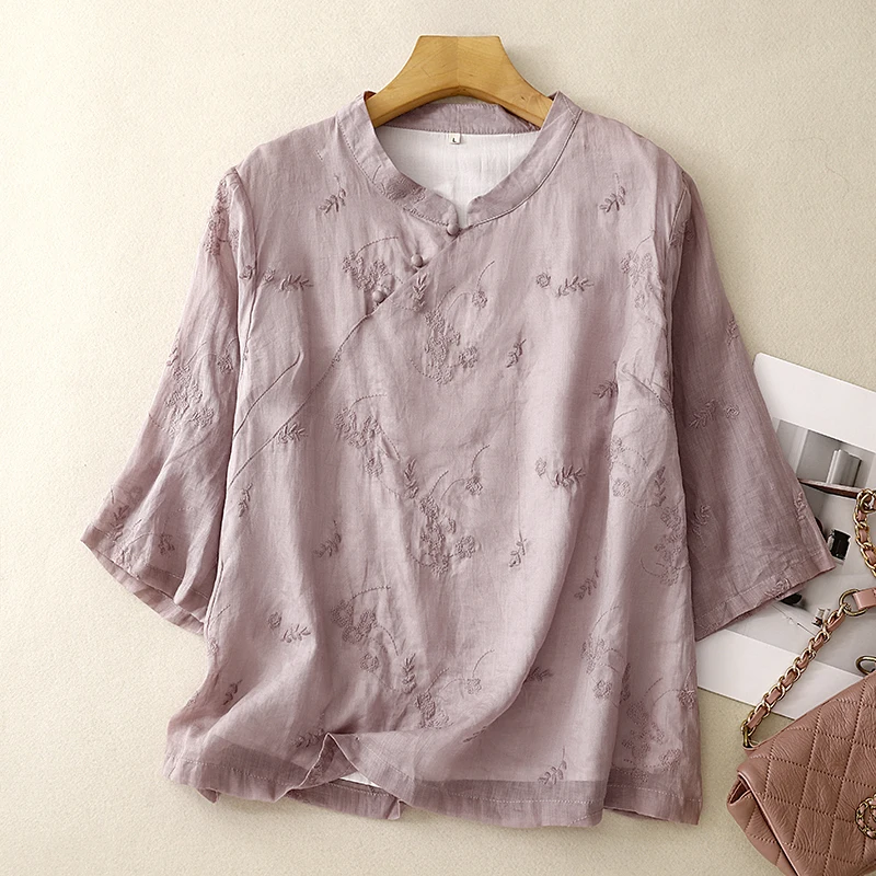 

Новый китайский модифицированный воротник-стойка с боковой пуговицей, шелковый топ с вышивкой irt mid Sve Ele, женская мода