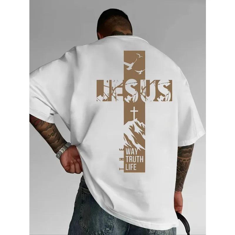 Summer Christian Style Jesus Cross Pattern Printed Short Sleeve 100% Cotton Men's and Women's T-shirt Faith Theme Loose T-shirt