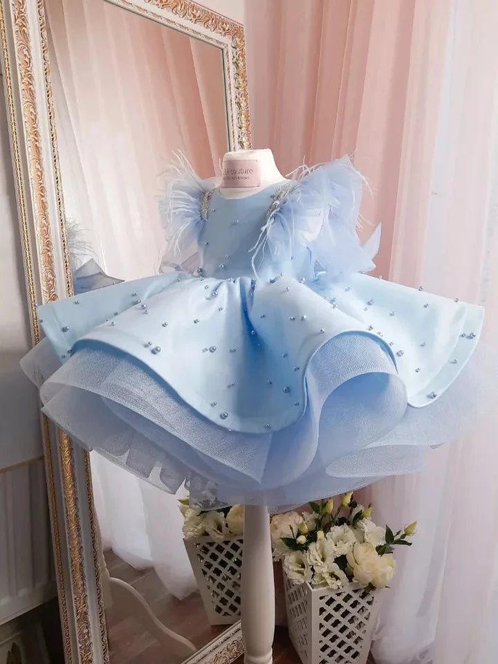 Glitter Pearl Flower Girl Dress Ruffles Short Sleeves Scoop Neck Cute Baby Girl Tutu Party Gown Short Graduation Kids Prom Dress