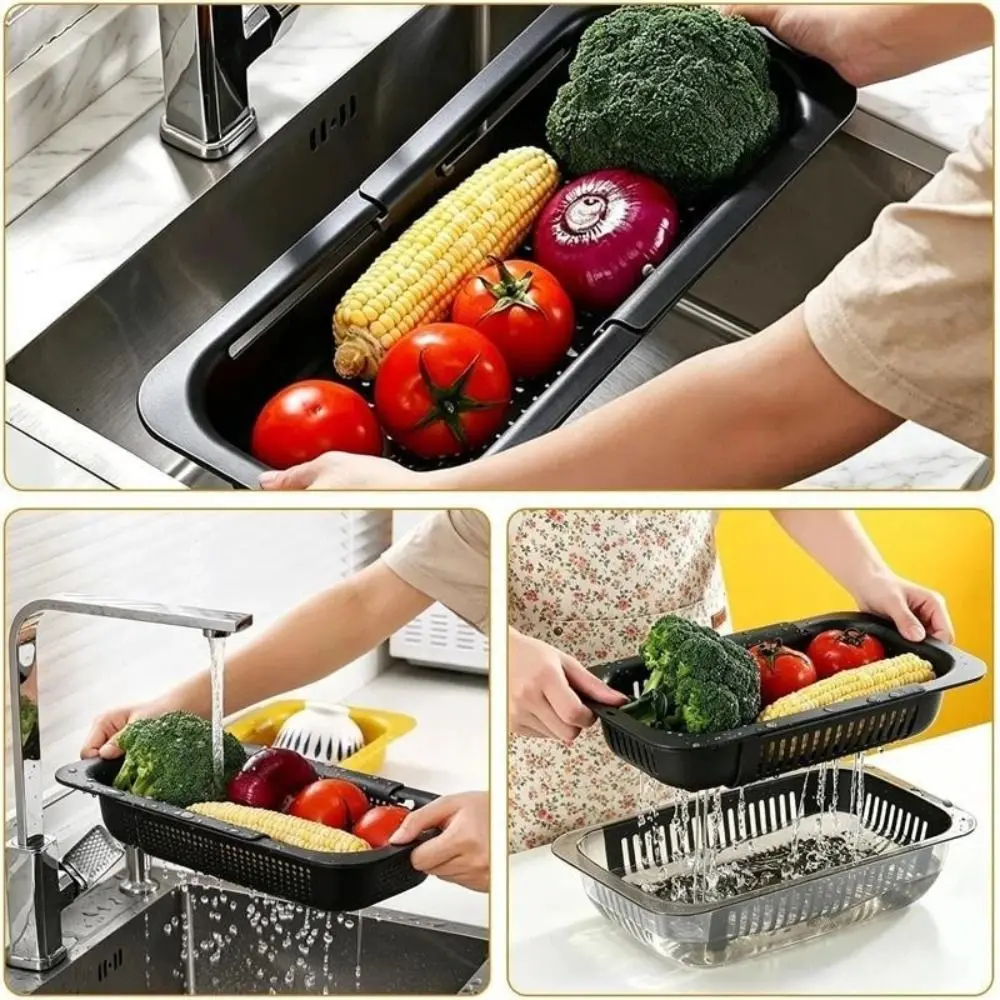 Plastic Sink Strainer Basket Multifunctional Expandable Dish Drying Rack Drain Holes Adjustable Length Drainage Basket