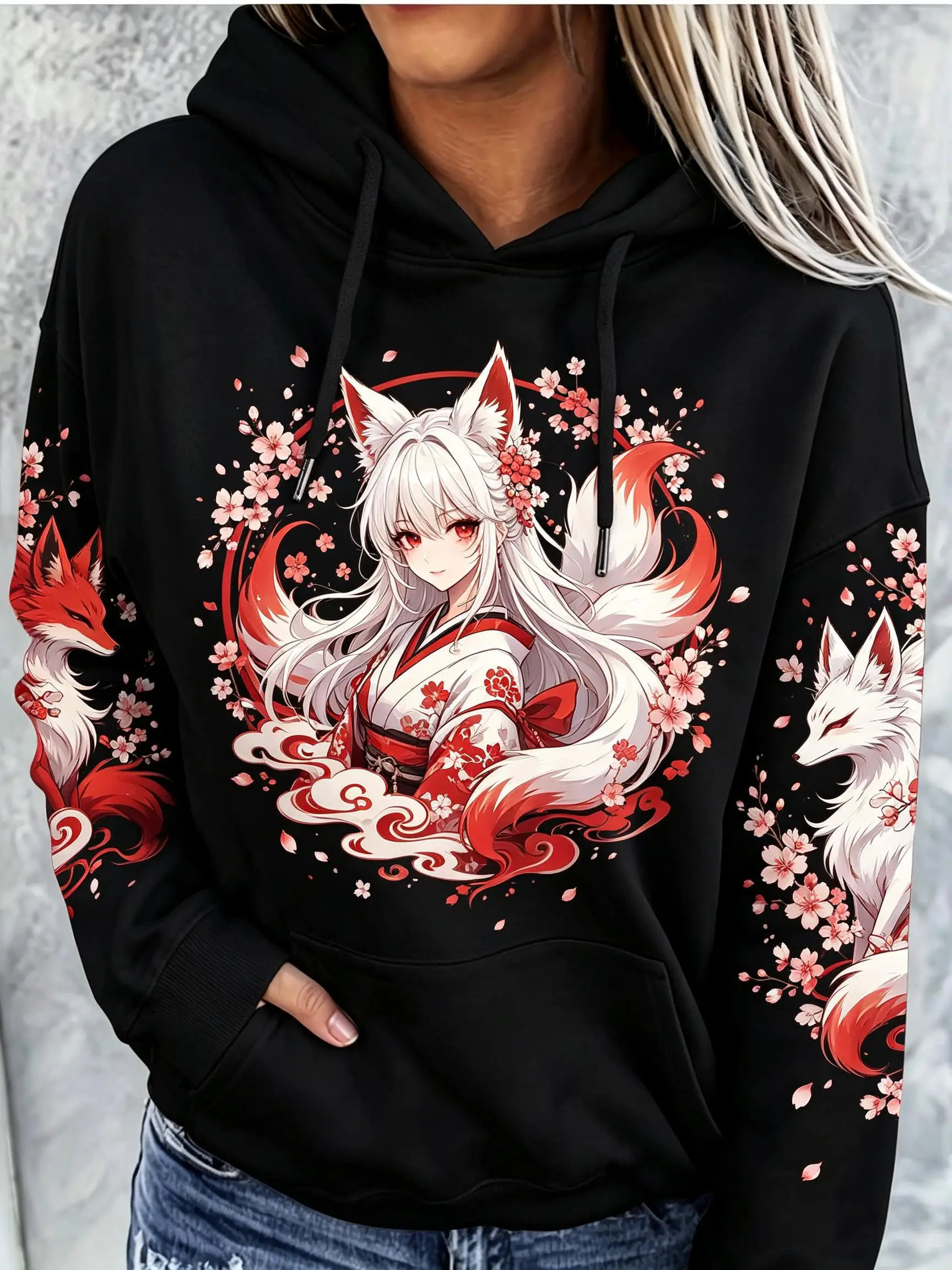 Women Fleece Hoodie Anime Nine‑Tailed Fox Girl Cherry Blossom Print Long Sleeve Drawstring Pocket Loose Hooded Sweatshirt