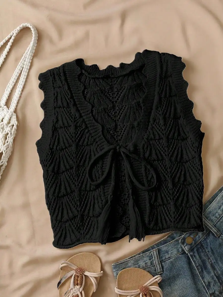 Women's Cream Crochet Sleeveless Vest with Ruffled Trim and Tie-Front Detail