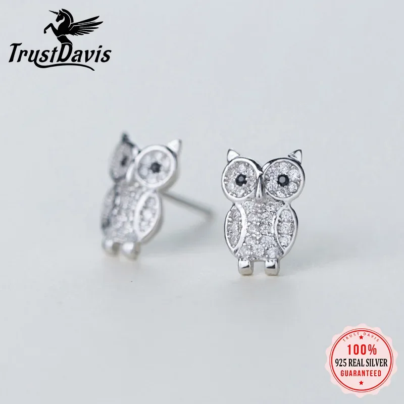 Trustdavis Real 925 Sterling Silver Owl Stud Earrings Shiny CZ Stone Wise Wish Gift For Women Girls Party Jewelry DS2006