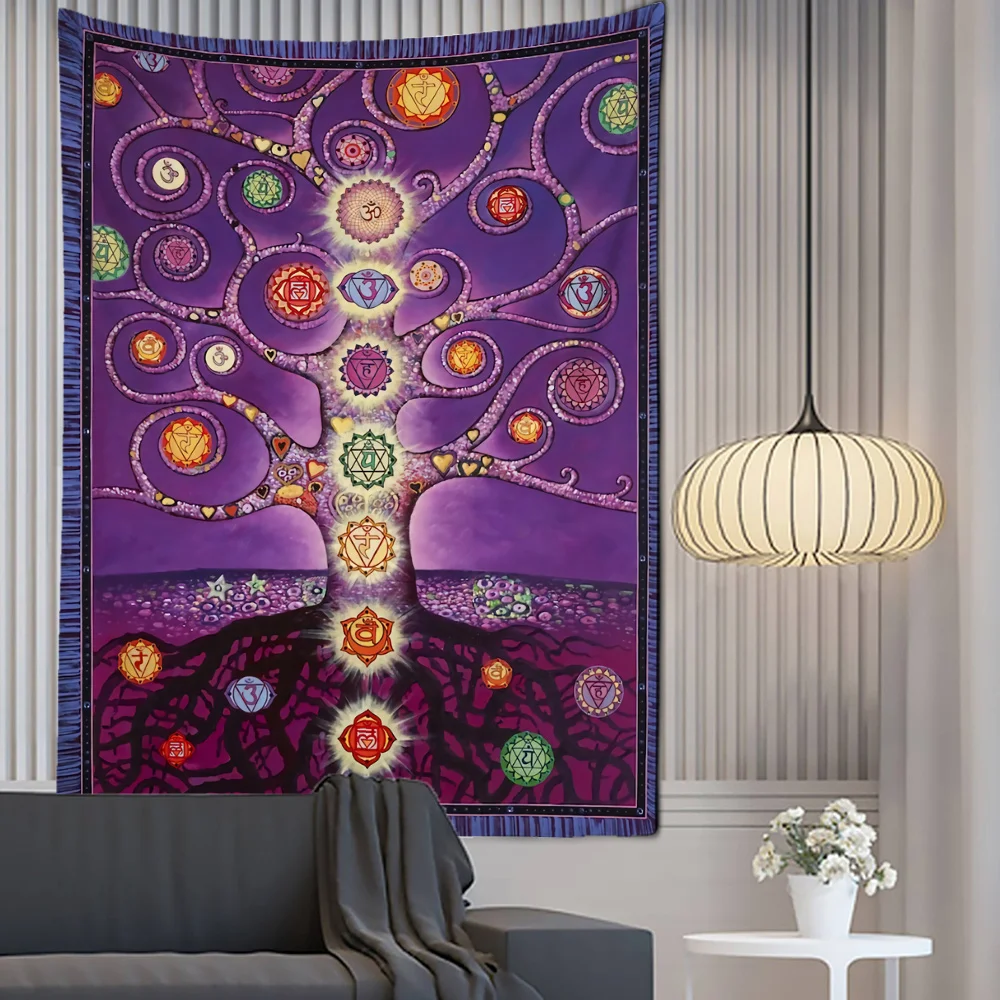 Seven Chakra Tree of Life Tapestry Fortune Tree Totem Background Tapestry Wall Hanging Bohemian Style PsychedelicTaro Home Decor