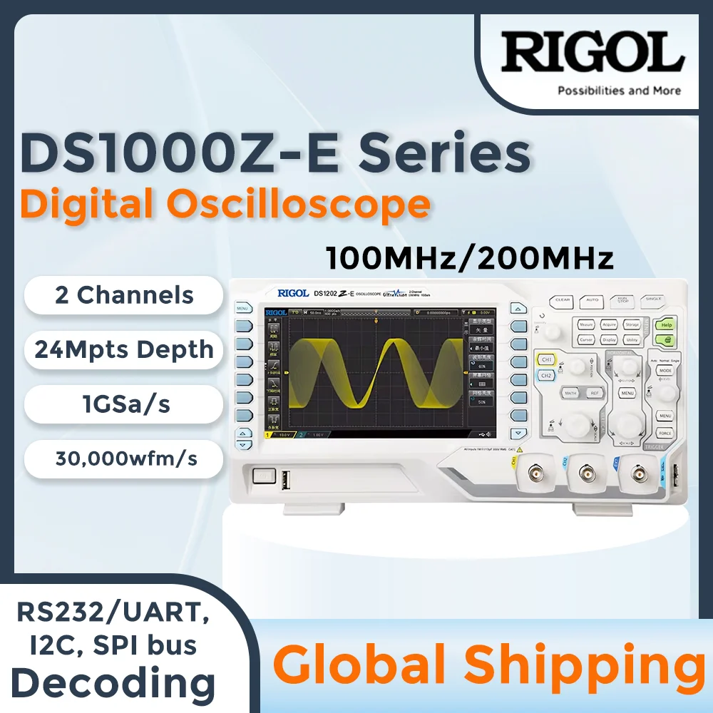RIGOL DS1000Z-E Series 100MHz/200MHz Digital Oscilloscope | 2CH, 1GSa/s, 24 Mpts Memory, UART/I2C/SPI Decoding, VFD Display