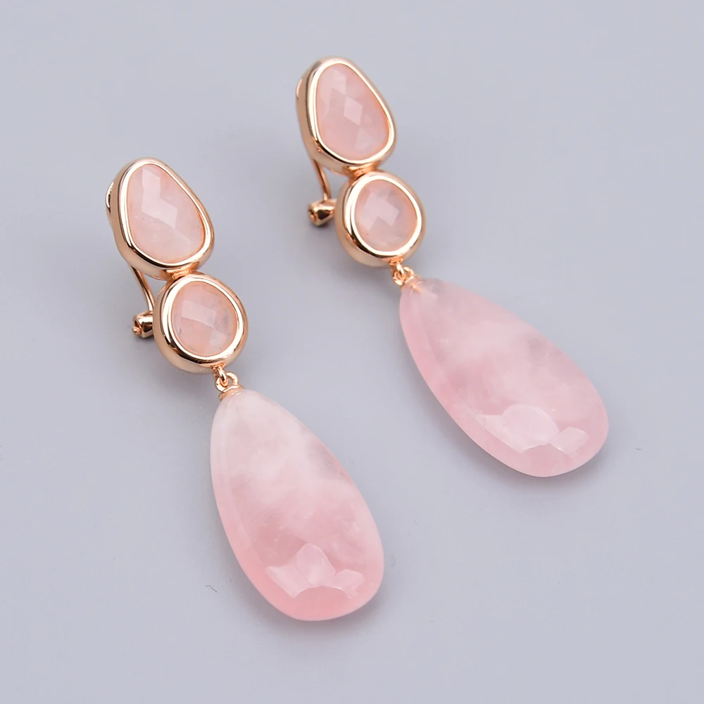 G-G Natural Pink Rose Quartzs Teardrop Rose Gold Plated Stone Stud Dangle Earrings Cute Jewelry Gifts