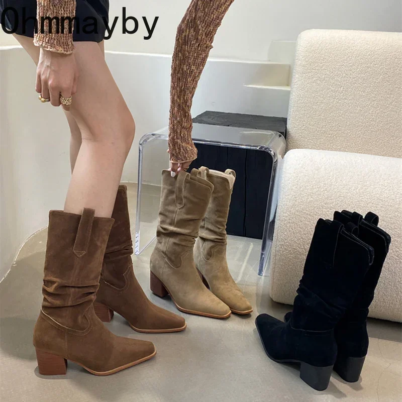 Vintage Suede Women Western Cowgirl Boots Fashion Slip On Shoes Autumn Winter Thick Heel Ladies Mid Calf Booties