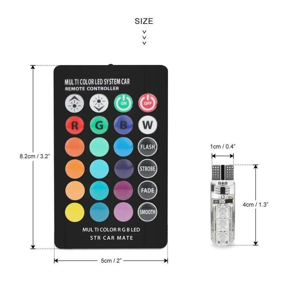 RGB LED Park Lights para carro, lâmpada super colorida, chips SMD, mudança de cor, controle remoto, lâmpada auxiliar Aotu, T10, 6, 2 pcs, 12V, 24V