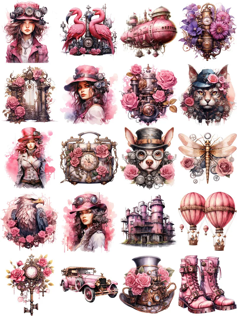 20Pcs/Pack Pink Steam Punk Sticker DIY Craft Scrapbooking Album Junk Journal Decorative Stickers