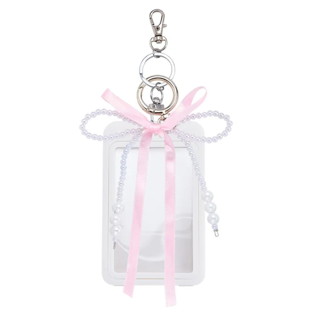 Stylish Hard Acrylic Photocard Holder Transparent Decorative Photos Bag Charm Protective Pearl Bow ID Card Case Bank Card