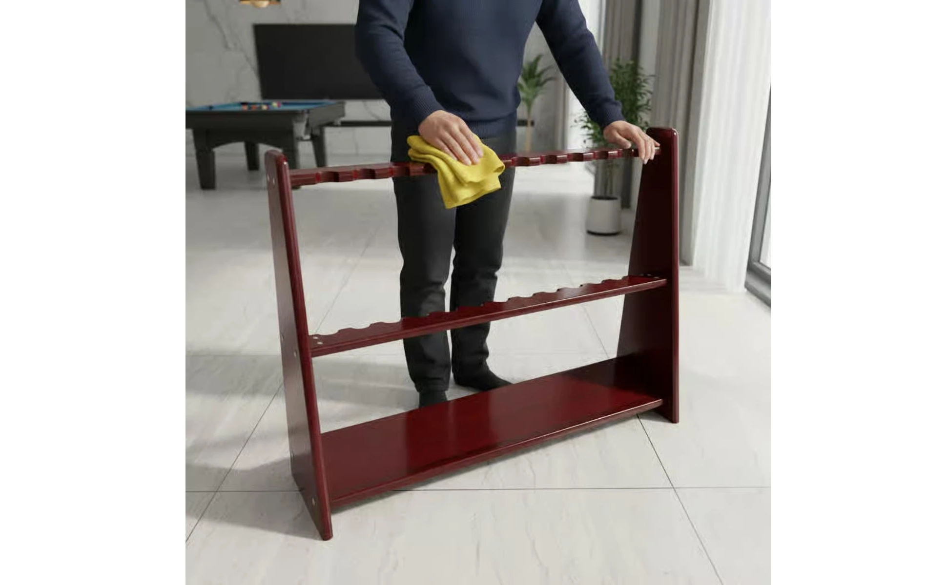 Floor-Standing Cue Rack Freestanding Wood Cue Rack Pool Stick Holder Rounded Corners Game Room Storage Trapezoid Profile