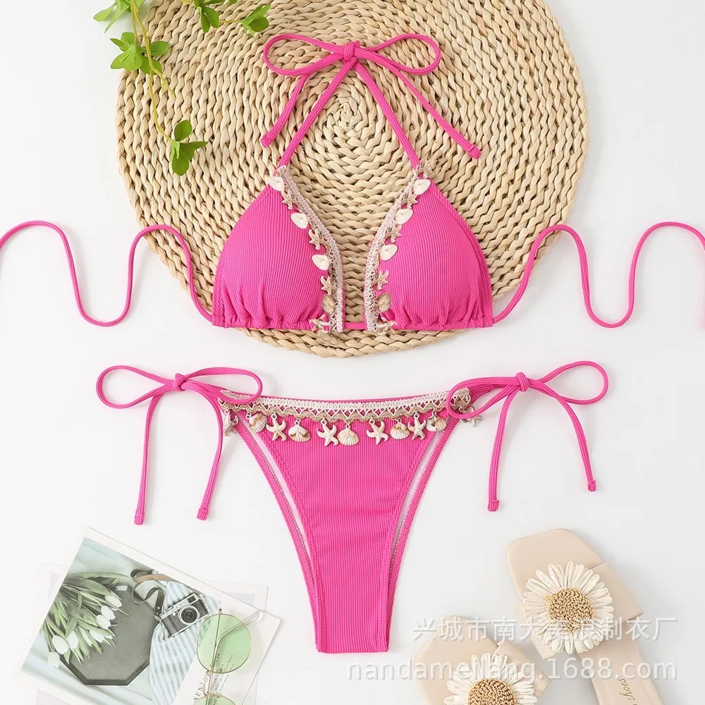 Sexy Halter Triangle Cup Bikini Set With Shell Details Tie Back Beach Swimwear For Women 2 Pieces Tankini Swimsuits Women Biquin