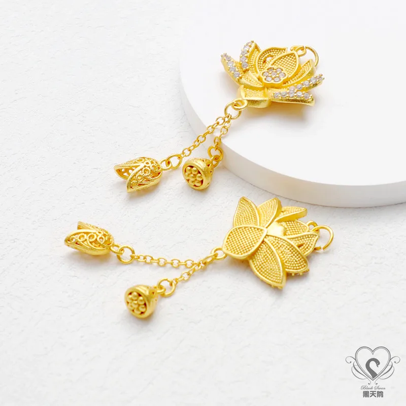 18K Matte Gold-plated Zircon Lotus Hanging Lotus Pod Lotus Heart Earrings DIY Handmade Jewelry Earrings Fringed Pendant