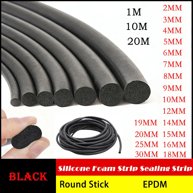 1/10/20M 2~30mm Black EPDM Rubber Foam Sealing Strip Round Sponge Cord Bar for Home Construction Gaps and Joints