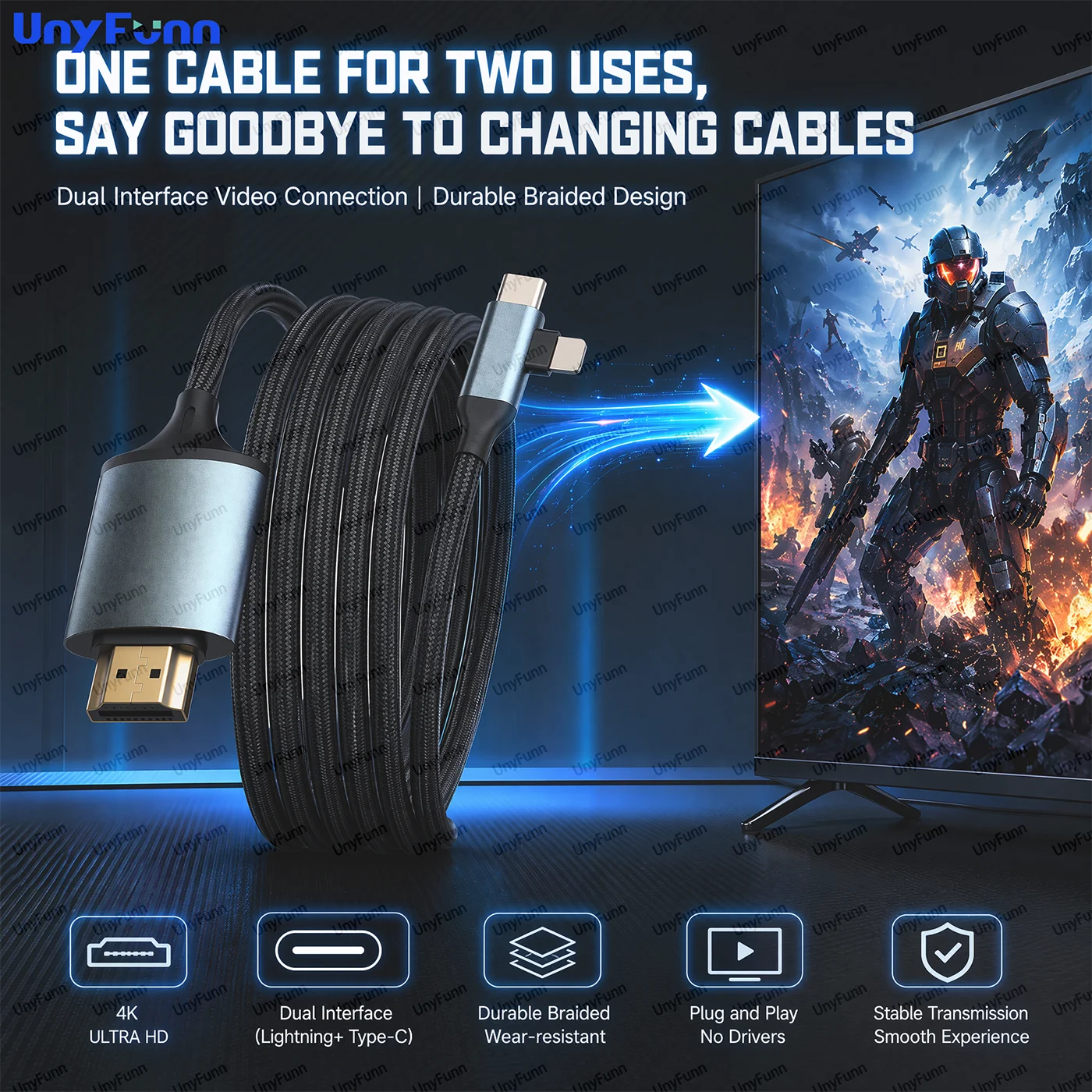 T Shape 2in1 Type C Lightning HDTV Aluminum Braided 4K Screen Mirror Cable For Android Laptop TV Monitor Projector AV Video Wire