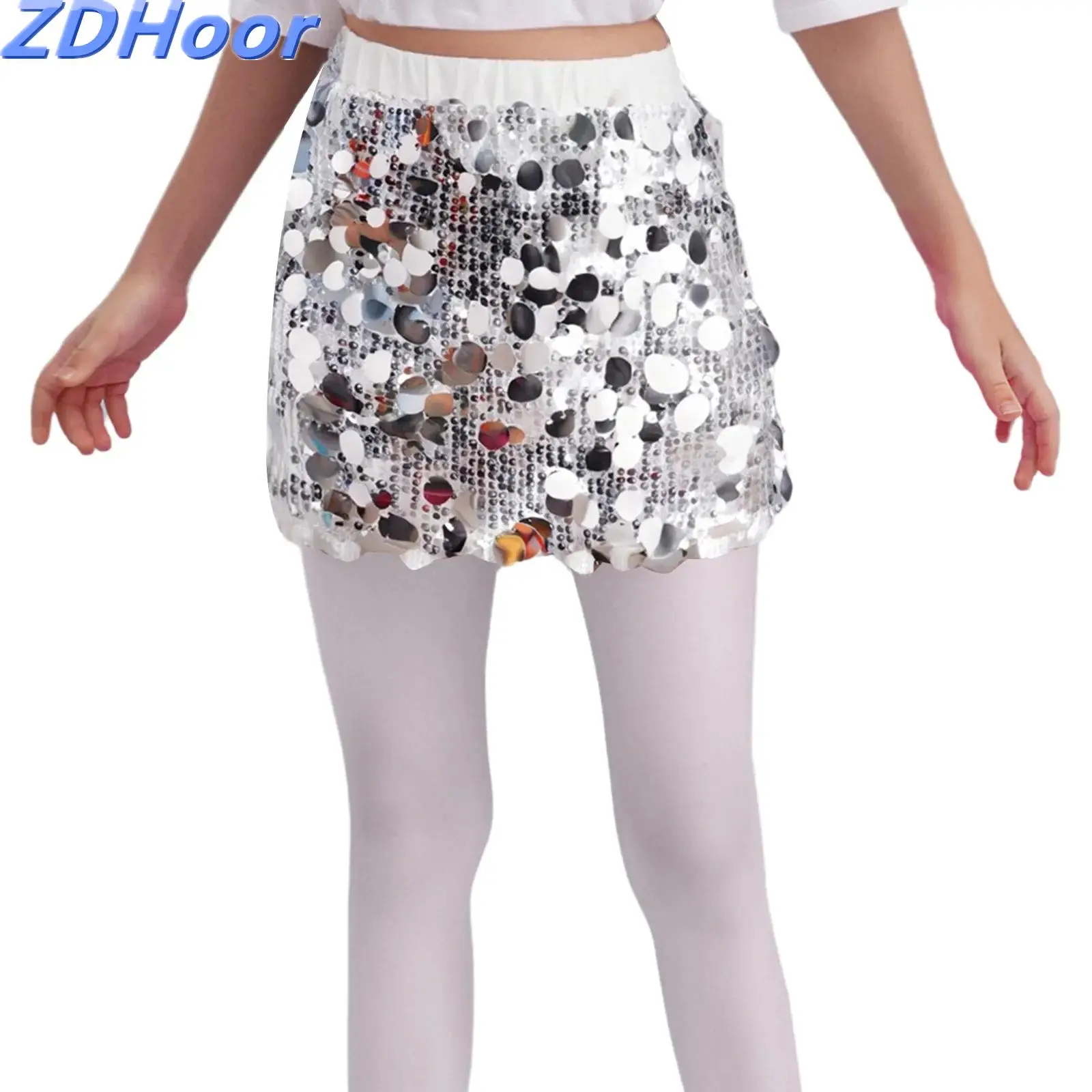 

Kids Girls Sparkling Sequins Dance Skirt Elastic Back Waist Skirt with Built-in Shorts for Birthday Party Stage Performance