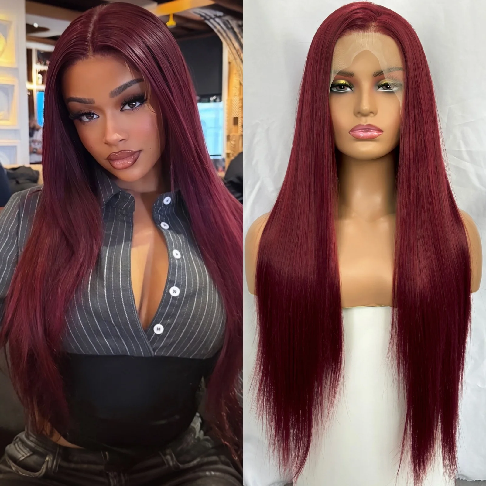 

Long Dark Red Silky Straight 13x4 Lace Front Wigs for Women Free Part Burgundy 99J Natural Synthetic Hair Daily Party Cosplay