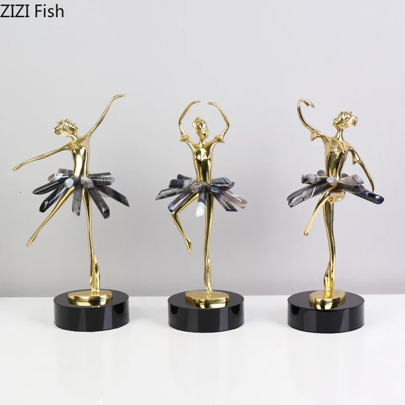 

Golden Brass Ballerina Girl Sculpture Crystal Base Ornaments Desk Decoration Creative Abstract Figures Ballet Dancer Statue