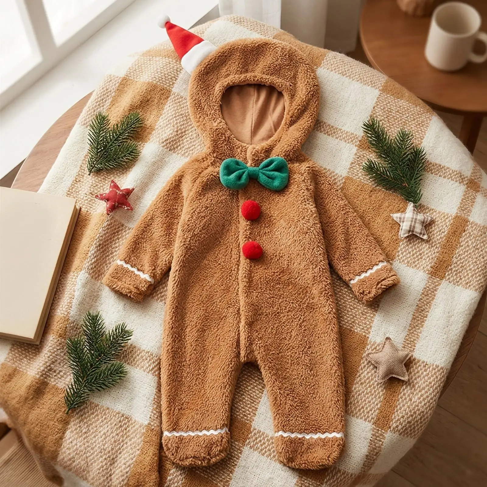 Festive Children Costume Jumpsuit Baby Romper Winter with Caramel Brown Body Green Ribbon and Santa Tip for Girl