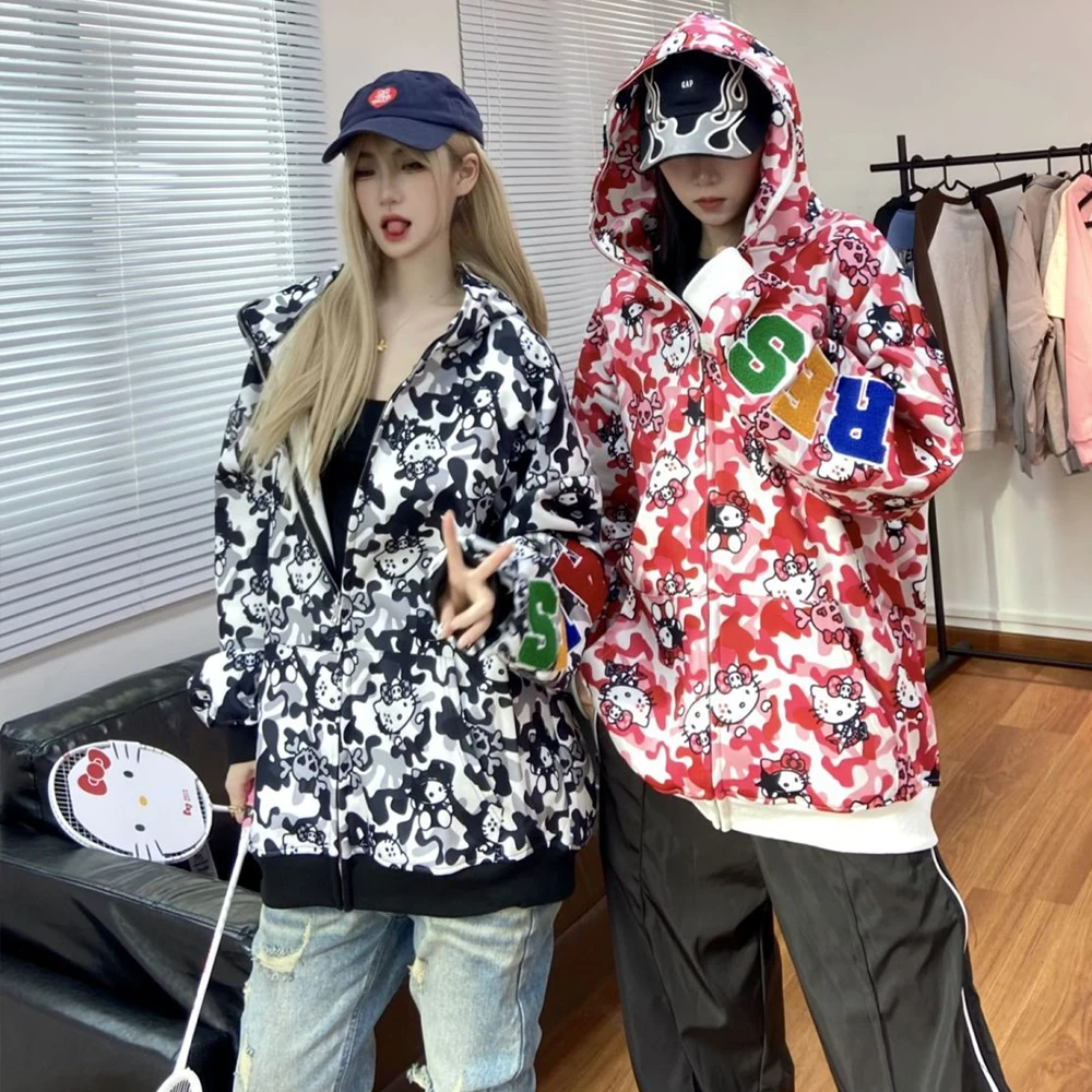 Y2K Hello Kitty Hooded Hoodie Sanrioed Anime Kawaii Spring Winter Cotton Camouflage Coat Hip Hop Men Women Couple Outfit Loose