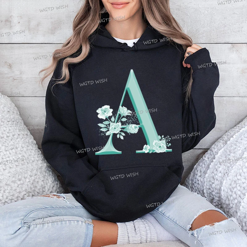 New Women Hoodies Surname First Letter Print Hooded Creative Floral Alphabet A-Z Long Sleeve Sweatshirts Female Y2K Sudaderas