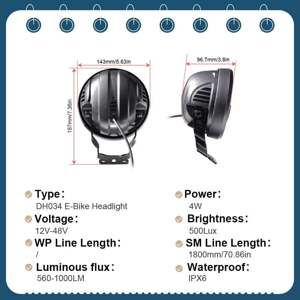 

Электрические фары для электровелосипедов 12В-48В, 3-контактный разъем SM, светодиодный передний фонарь DH034 для ночной езды, аксессуары для электровелосипедов