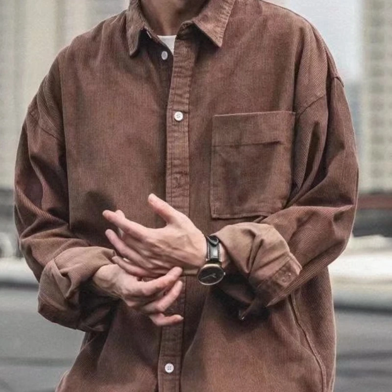 Men Corduroy Shirt Coat Long Sleeves Tops Spring and Autumn Japanese Style Chao Pai Leisure Loose and Comfortable Versatile Pi