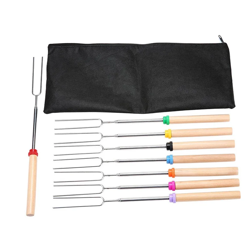 Tenedor de barbacoa retráctil de acero inoxidable con mango de madera, herramientas para barbacoa