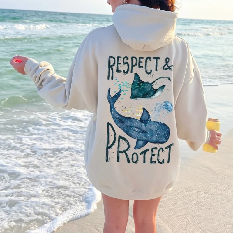 Walhai respektieren und schützen Sie den Ozean, inspirierter Stil, Kokosnuss-Mädchen-Kleidung, Meeresbewohner, Sweatshirt, Meerestier, Natur, Stoff-Top