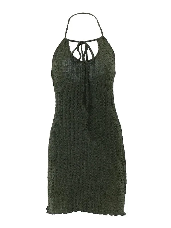 Vintage Knitted Halter Short Dress Sexy Bandage Hollow Out Backless Dresses Elegant Sleeveless Texture Party Dresses green PL2U